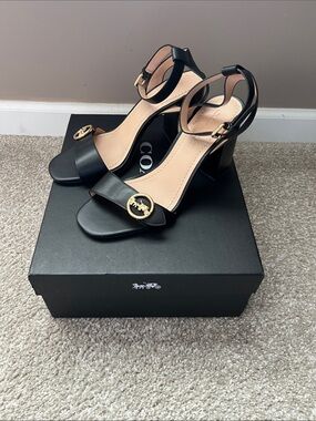 Coach Black Leather Ankle-Strap Block Heel Sandals with Gold Logo